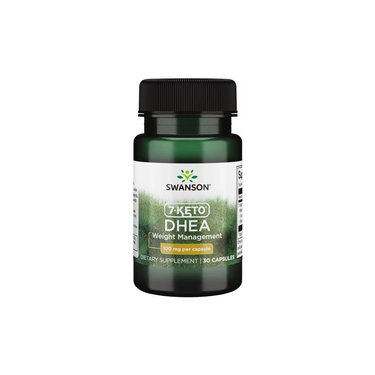 Green bottle of Swanson's 7-Keto DHEA supplement in 100 mg capsules for weight management and muscle mass, containing 30 capsules.